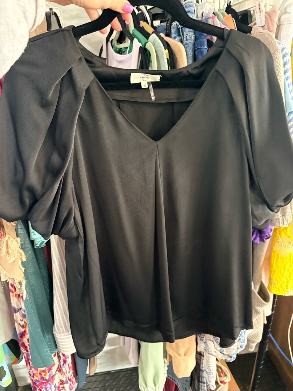 entro Black V-Neck Satin Puff-Sleeve Blouse